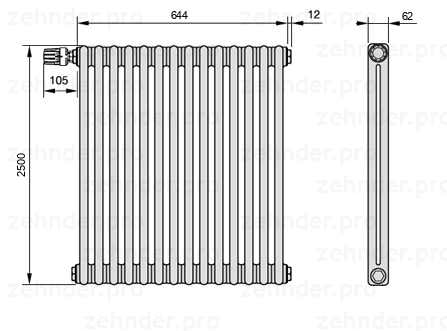 Схема (чертеж) Радиатор Zehnder Charleston 2250/14 №V012 Белый глянцевый RAL 9016